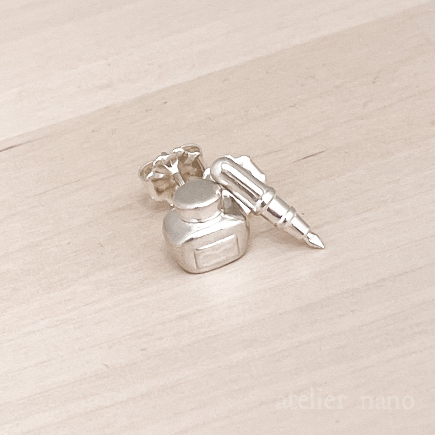 Sterling Silver Ink Pot and Fountain Pen Earrings