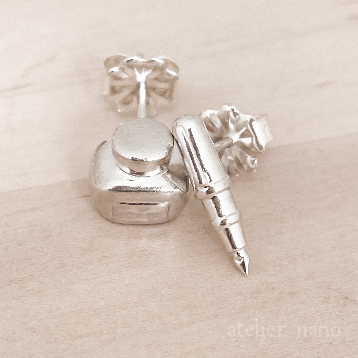 Sterling Silver Ink Pot and Fountain Pen Earrings