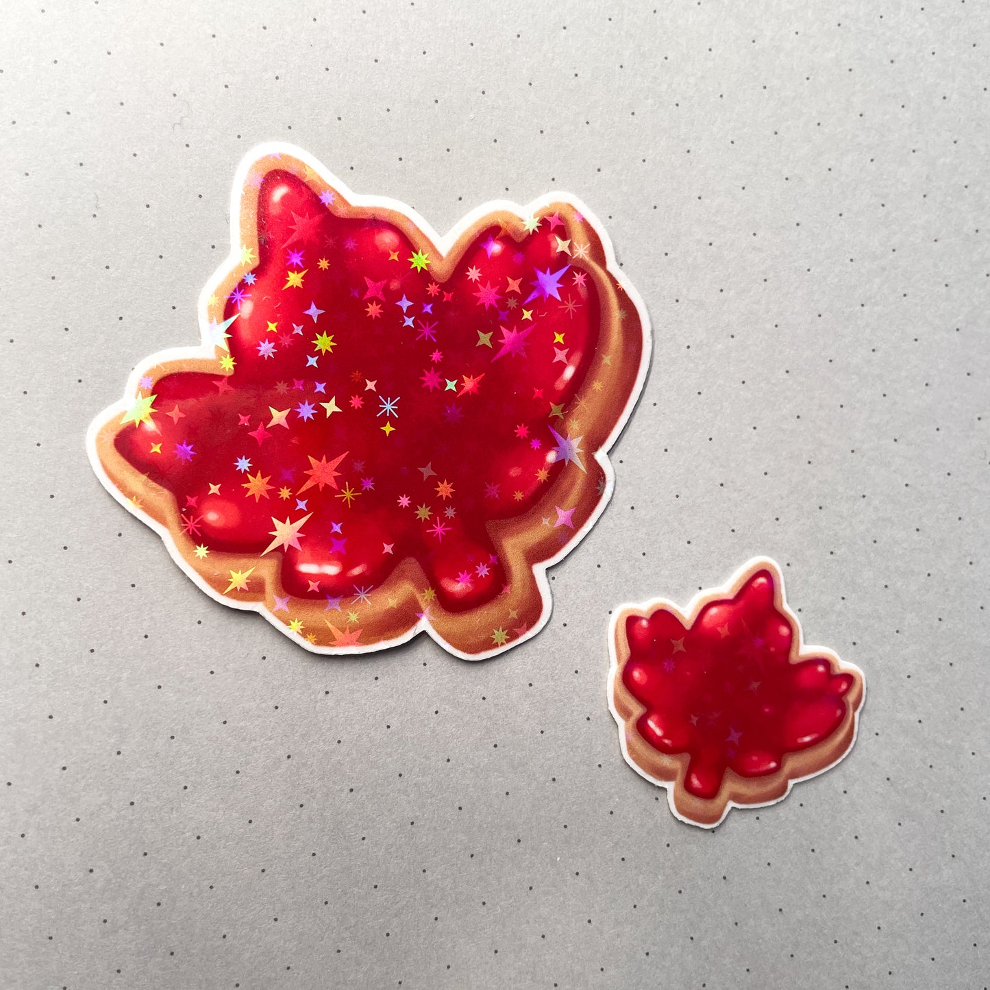 Canadian Maple Leaf Cookie Sticker Set - Jammy biscuits that sparkle and shine! One large and one mini holographic sticker. Made in Canada