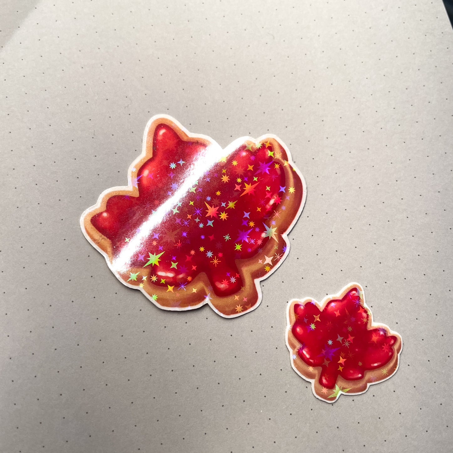 Canadian Maple Leaf Cookie Sticker Set - Jammy biscuits that sparkle and shine! One large and one mini holographic sticker. Made in Canada