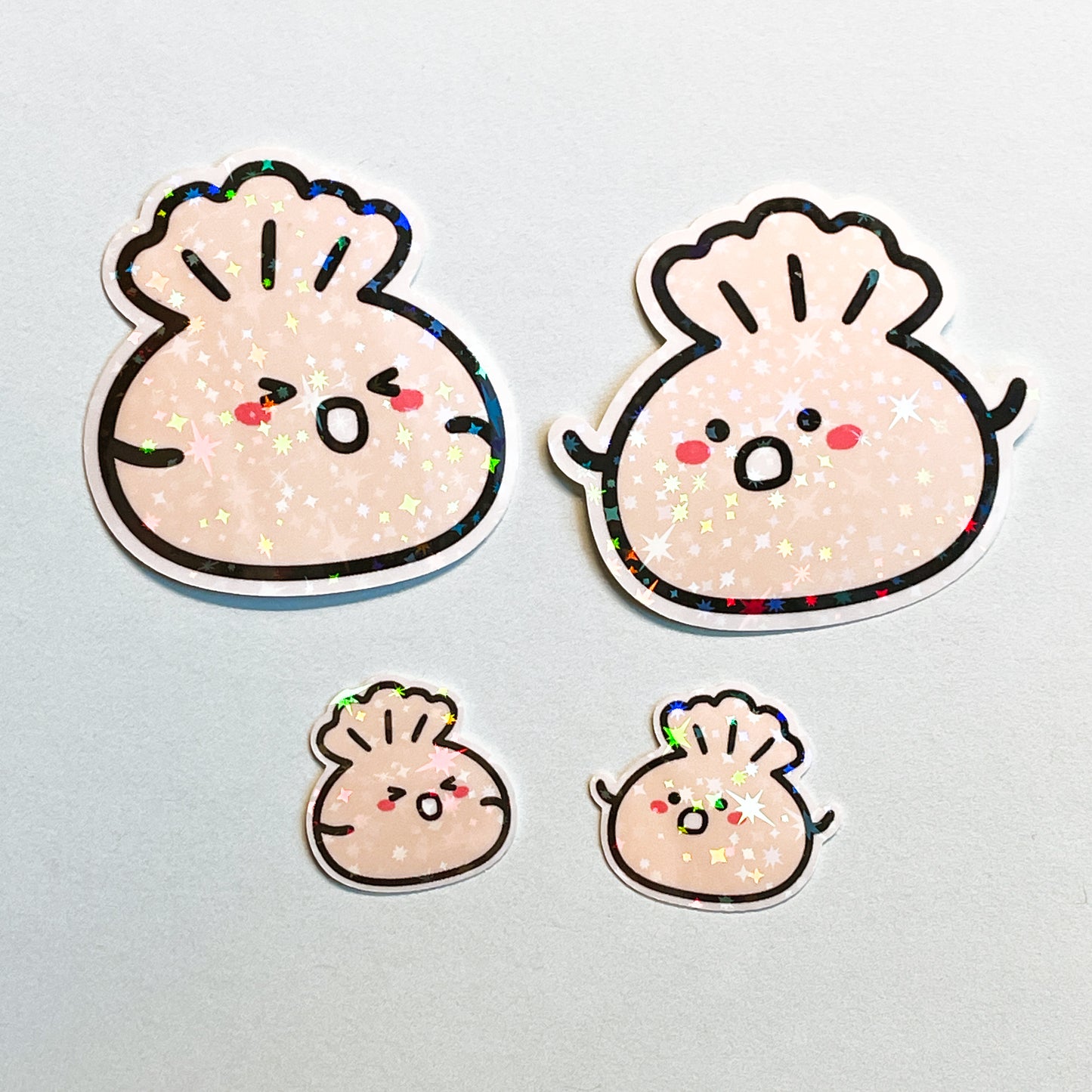 Dumpling Set! Cute holographic XLB (Xiao Long Bao) dim sum stickers. Perfect for foodies and lovers of Chinese food! Two large and two mini