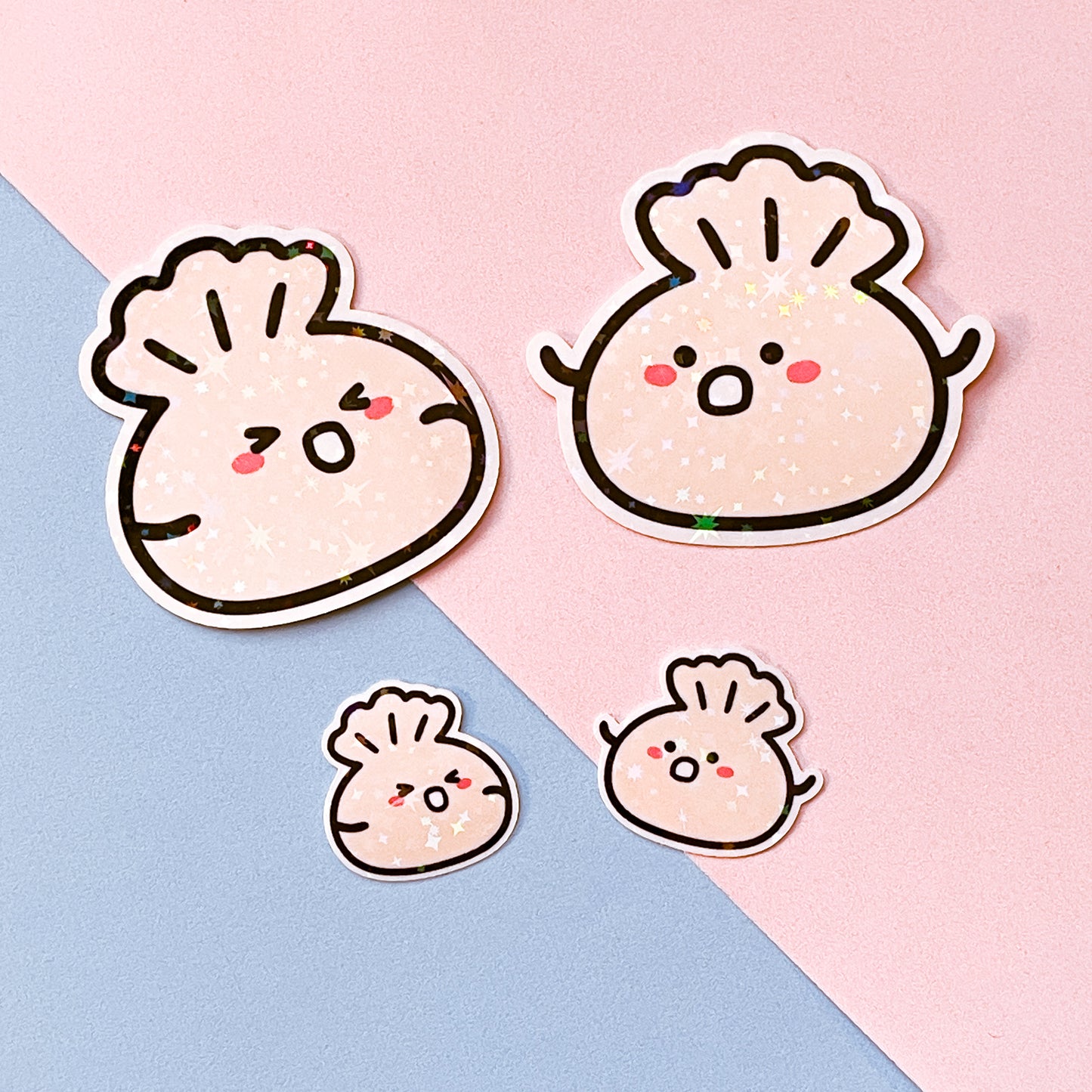 Dumpling Set! Cute holographic XLB (Xiao Long Bao) dim sum stickers. Perfect for foodies and lovers of Chinese food! Two large and two mini