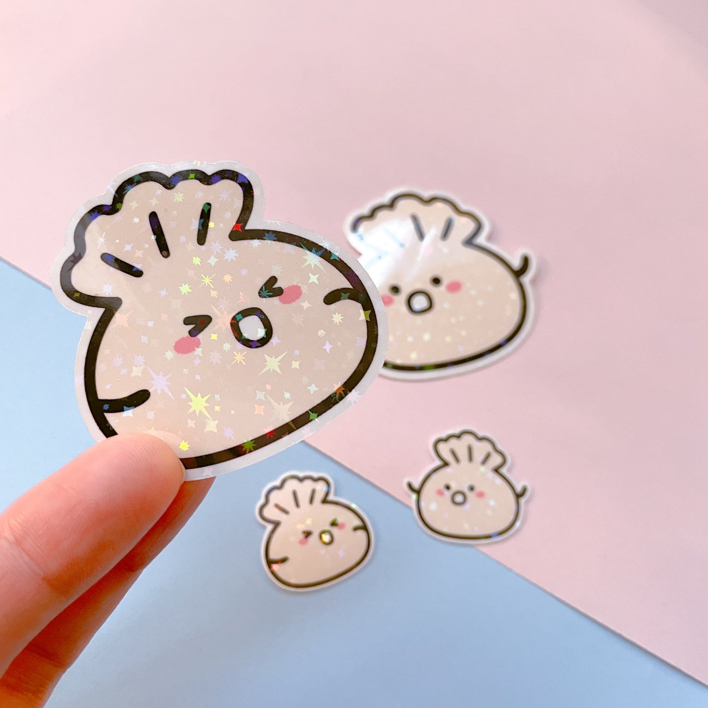 Dumpling Set! Cute holographic XLB (Xiao Long Bao) dim sum stickers. Perfect for foodies and lovers of Chinese food! Two large and two mini
