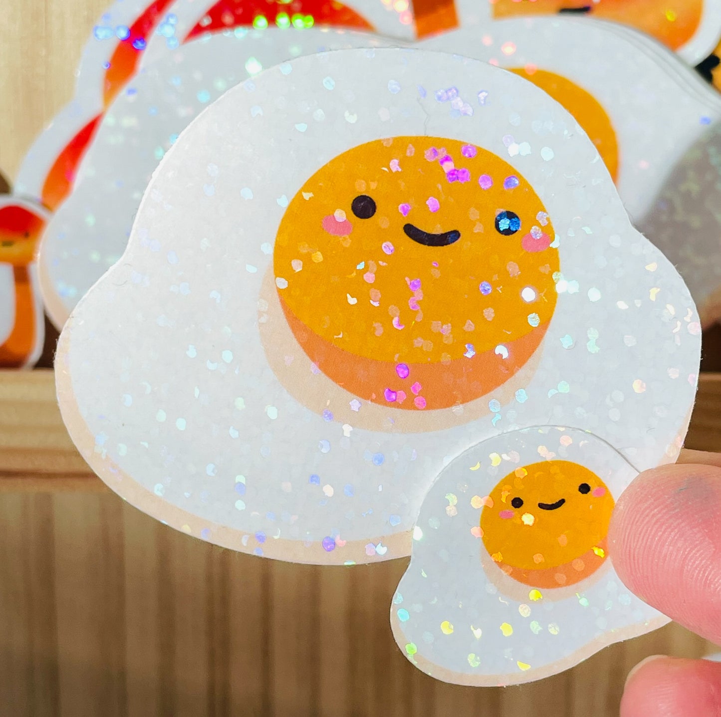 Fried Egg Stickers! One large and one mini holographic glitter sticker. The best egg stickers ever!