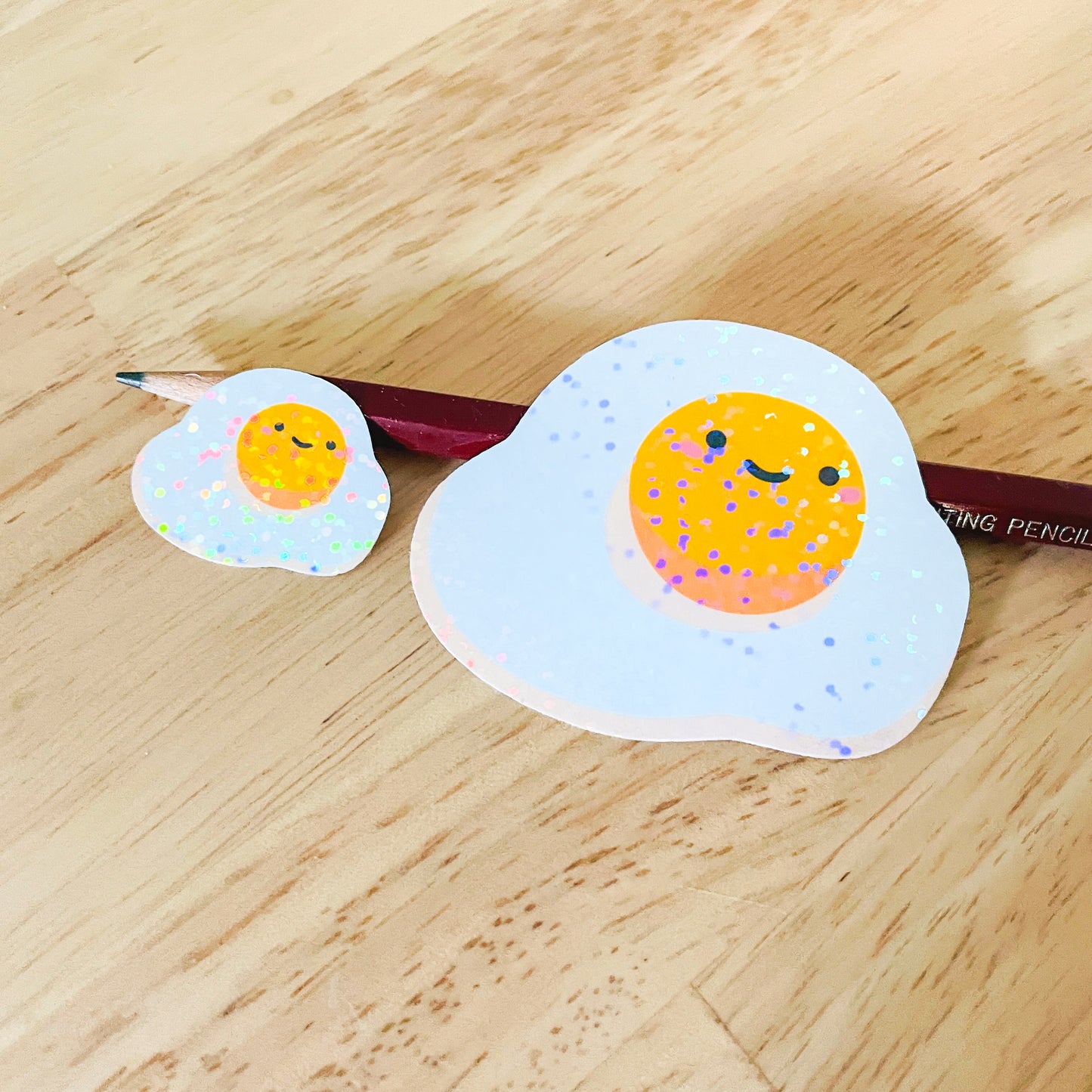 Fried Egg Stickers! One large and one mini holographic glitter sticker. The best egg stickers ever!