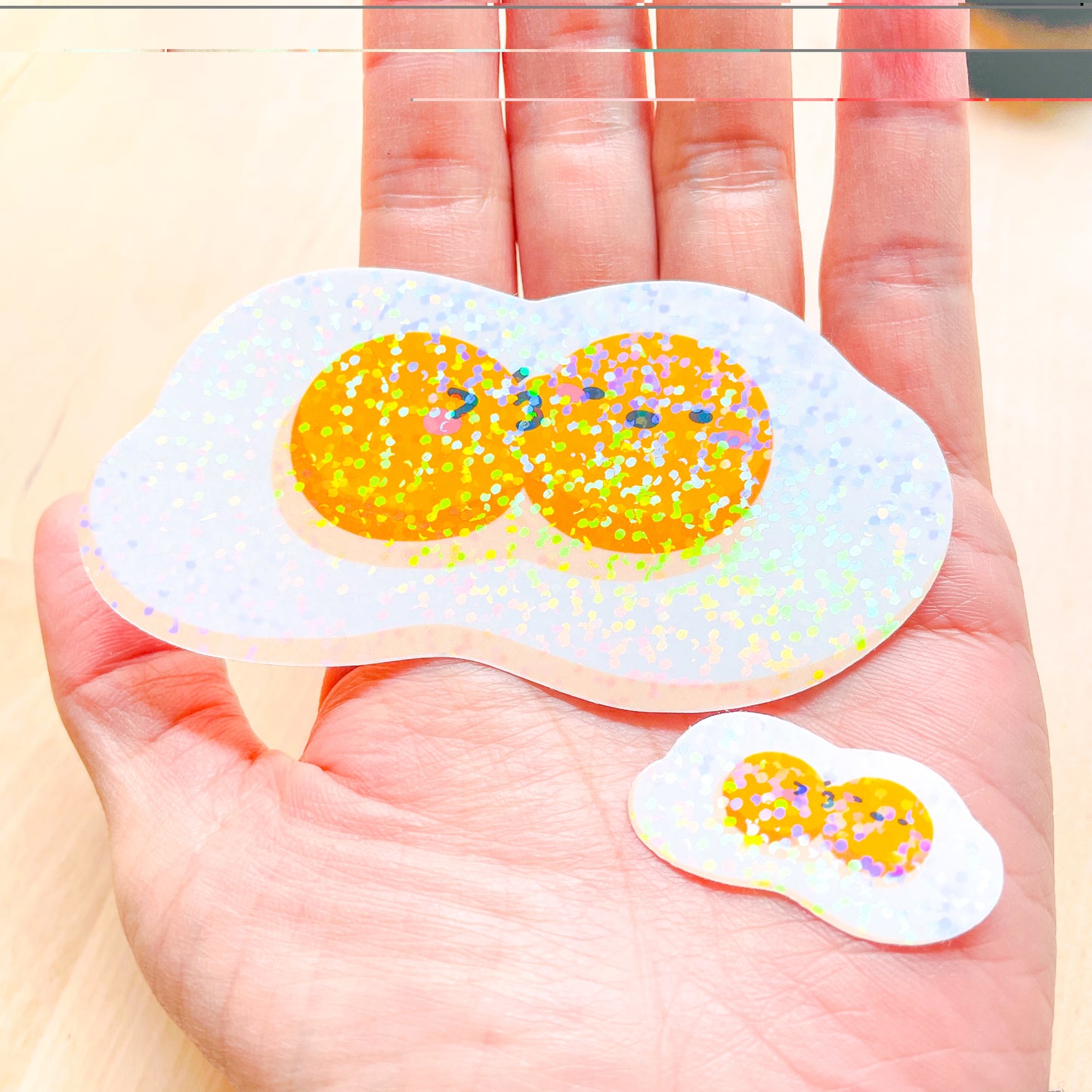 Fried Egg Double Kiss Stickers | Shiny holographic set of one large and one mini glitter sticker. Relationship status: It's complicated!