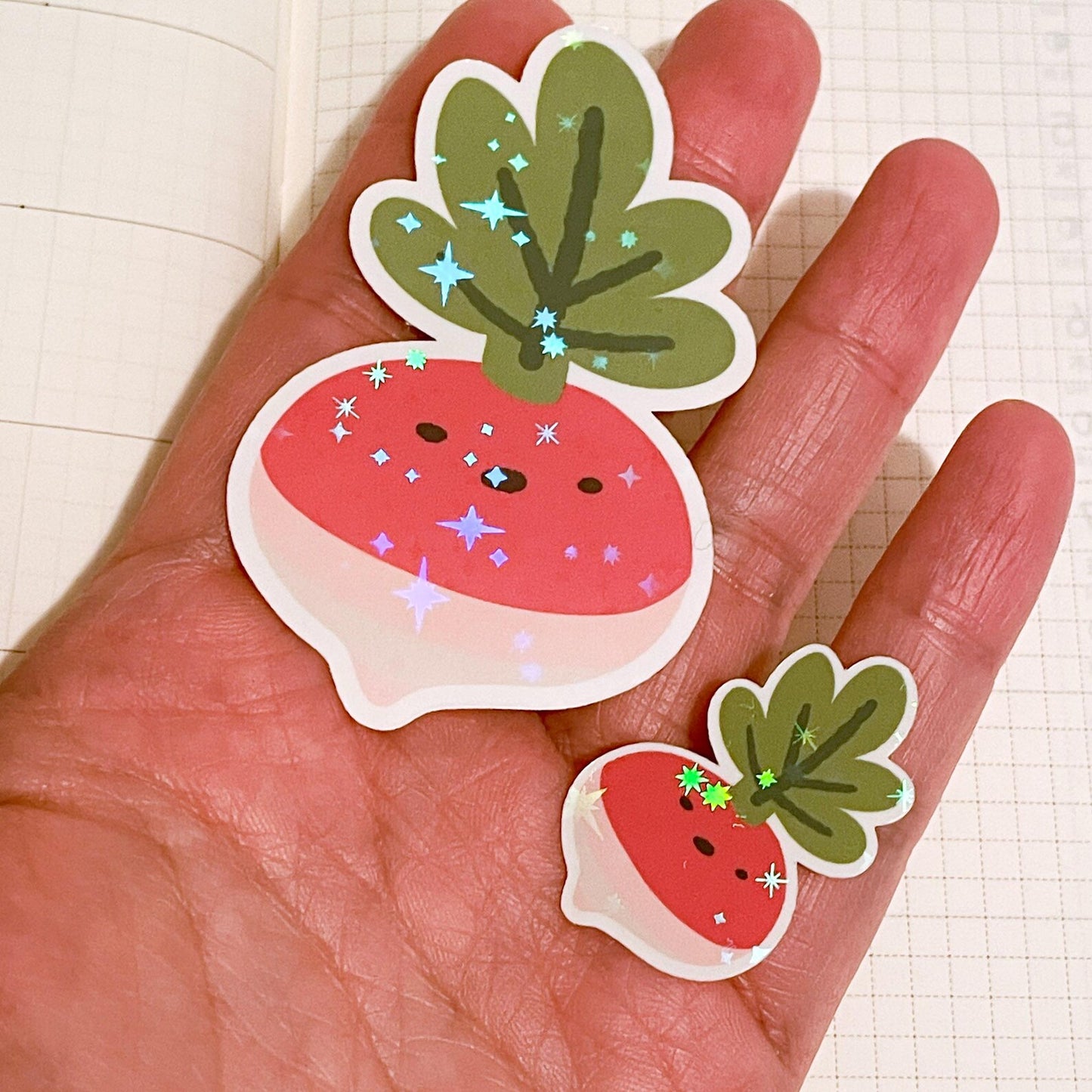 Radish Sticker Set! Cute garden veggies! | One large and one mini holographic sticker. A gift for plant people, gardeners and vegetarians!