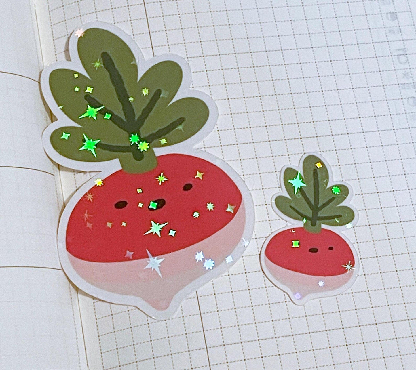 Radish Sticker Set! Cute garden veggies! | One large and one mini holographic sticker. A gift for plant people, gardeners and vegetarians!