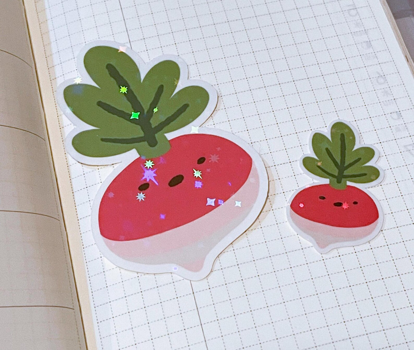 Radish Sticker Set! Cute garden veggies! | One large and one mini holographic sticker. A gift for plant people, gardeners and vegetarians!
