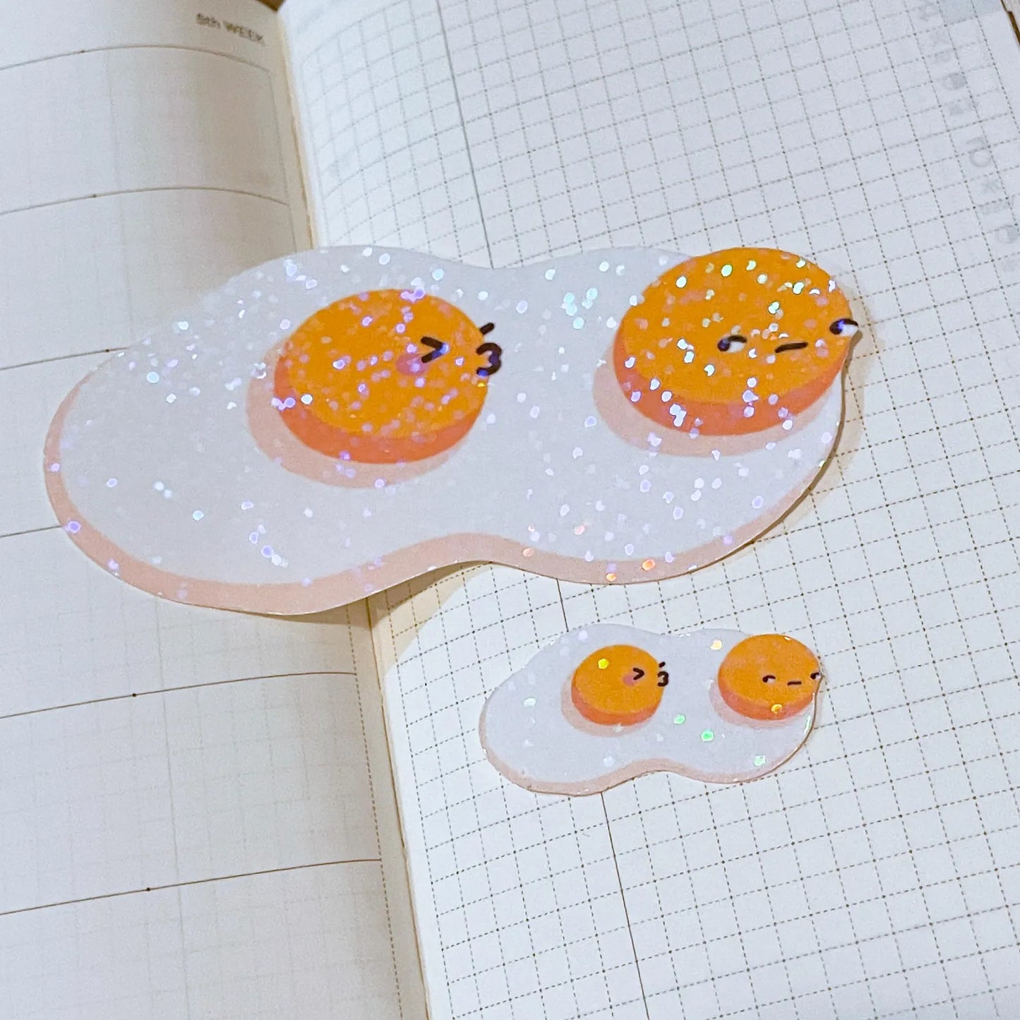 Fried Egg Side Eye Stickers | Shiny holographic set of one large and one mini glitter sticker. Relationship status: Please no LOL