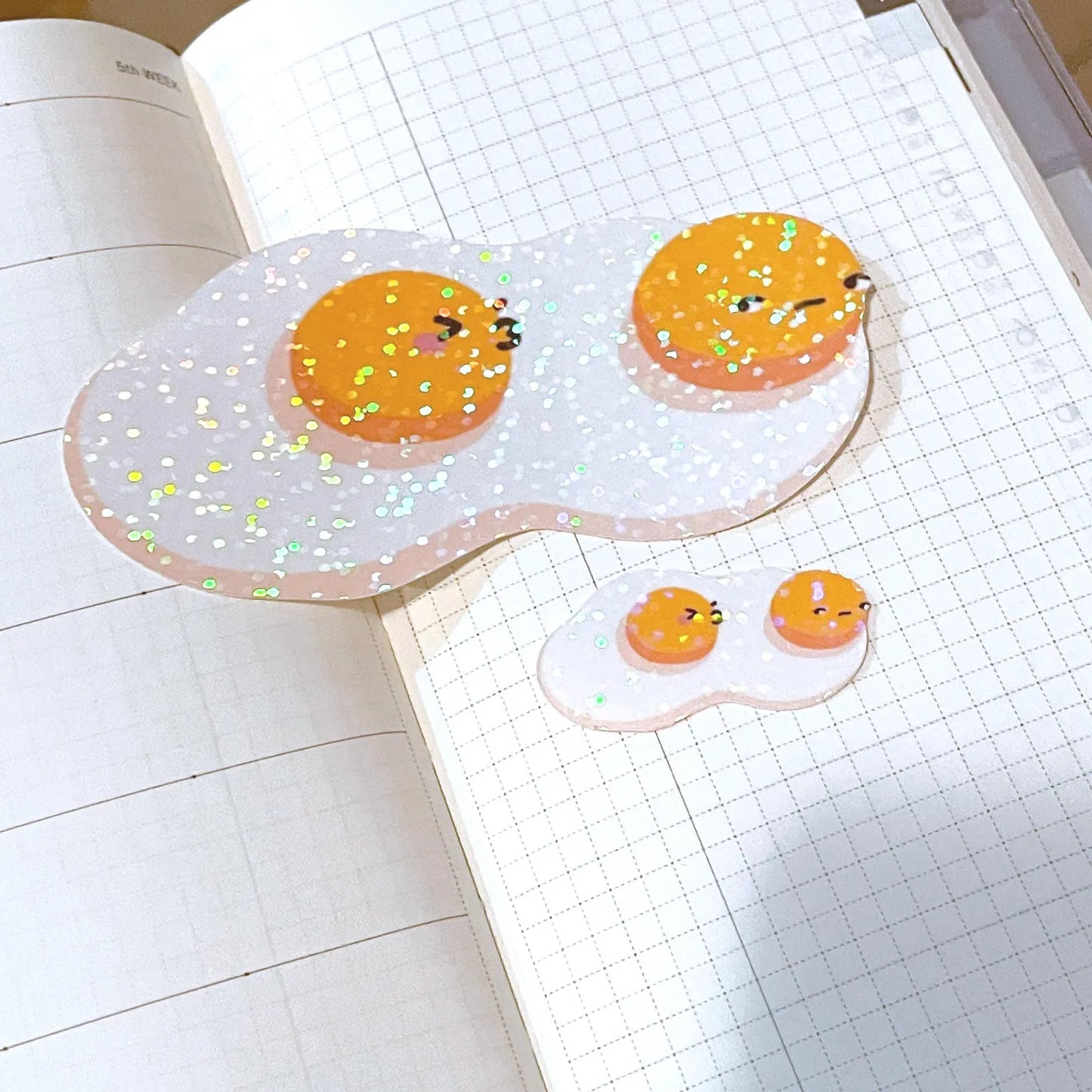 Fried Egg Side Eye Stickers | Shiny holographic set of one large and one mini glitter sticker. Relationship status: Please no LOL