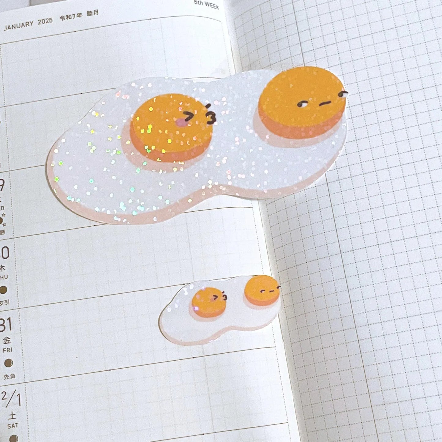 Fried Egg Side Eye Stickers | Shiny holographic set of one large and one mini glitter sticker. Relationship status: Please no LOL