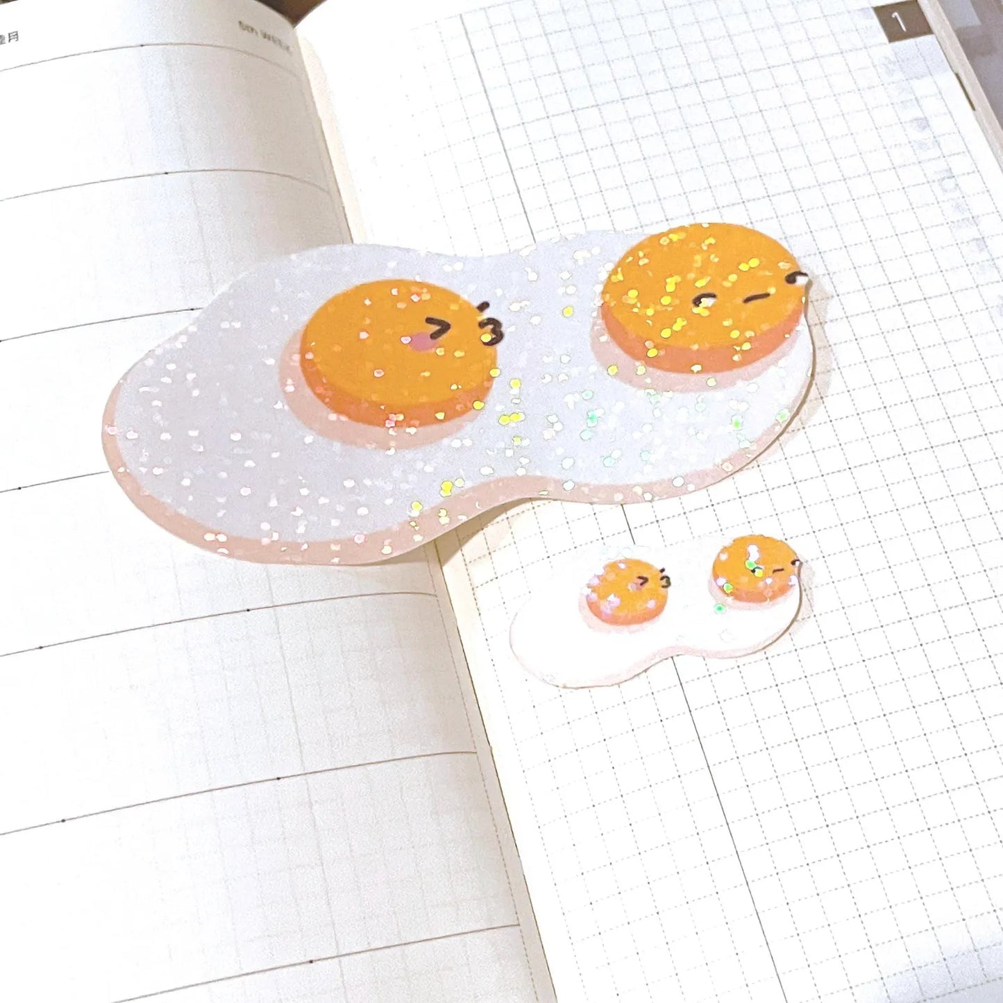 Fried Egg Side Eye Stickers | Shiny holographic set of one large and one mini glitter sticker. Relationship status: Please no LOL