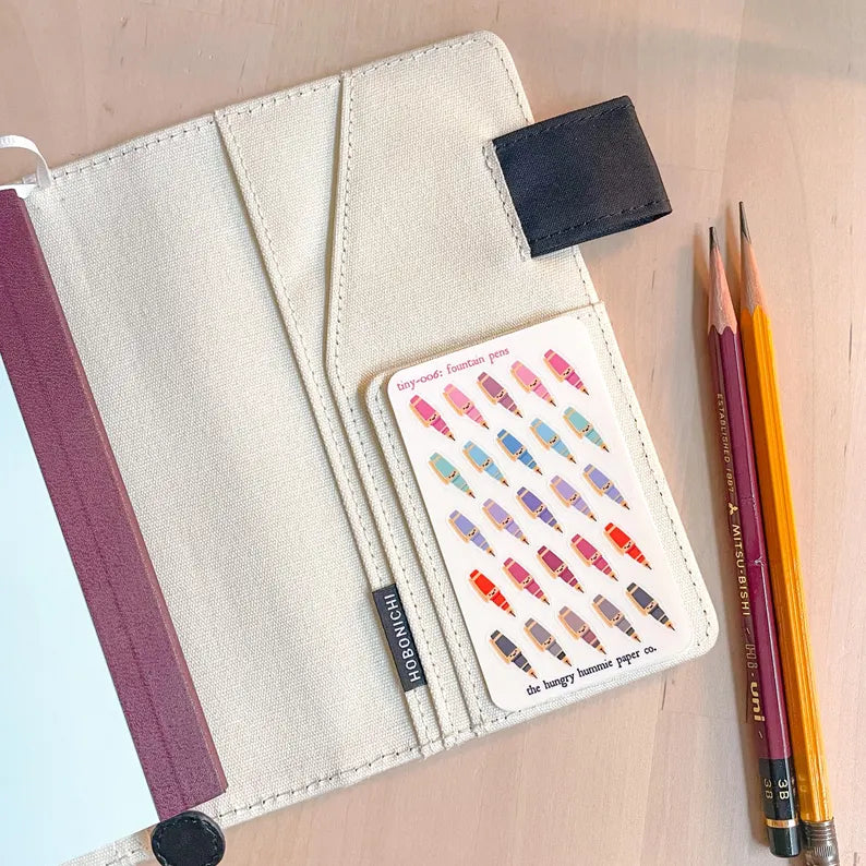 006 Fountain Pens | Mini Planner Sticker Sheet | Tiny Colourful Rainbow Icon Credit Card Sized Bullet Journal Tracker Micro Miniature Seals