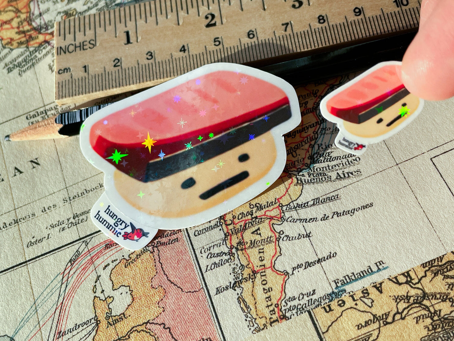 Yellowtail Hamachi Nigiri | Holographic Sushi Sticker Set of 1 Big 1 Small | Holo stars Cute Kawaii Sadface Stickers Polco