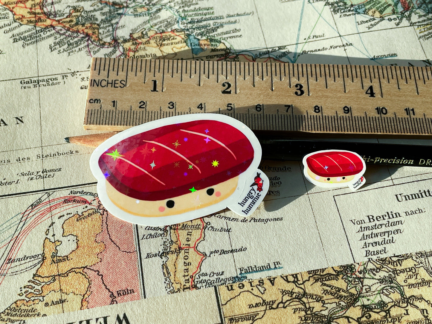 Maguro Sushi Sticker | Holographic Tuna Nigiri Set of 1 Big & 1 Mini Stickers | Foodie Gifts | Sparkly Cute Kawaii Food Sadface Bento Box