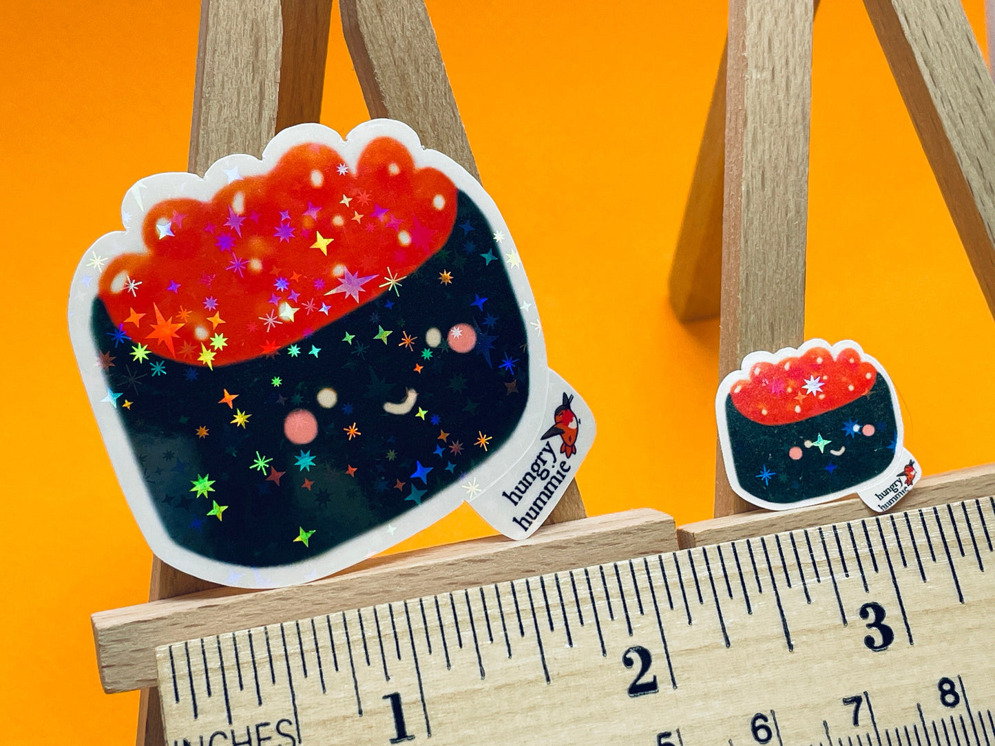 Ikura Salmon Roe Nigiri | Holographic Sushi Sticker Set of 1 Big & 1 Mini Stickers | Holo Stars | Sparkle Cute Kawaii Sadface Deco Food