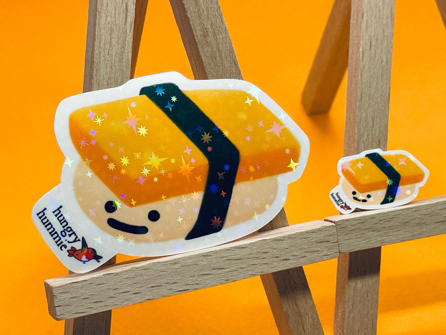 Tamago Sushi Sticker | Holographic Egg Nigiri Set of 1 Big & 1 Mini Stickers | Funny Foodie Gift | Sparkly Cute Kawaii Food Sadface Deco