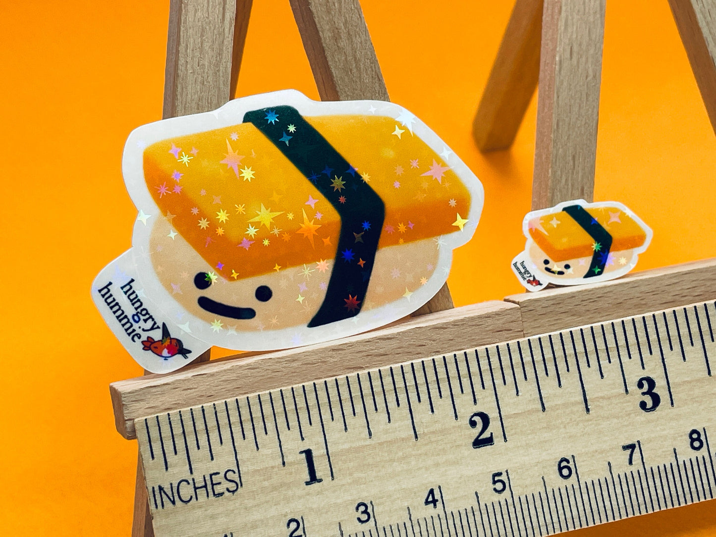 Tamago Sushi Sticker | Holographic Egg Nigiri Set of 1 Big & 1 Mini Stickers | Funny Foodie Gift | Sparkly Cute Kawaii Food Sadface Deco