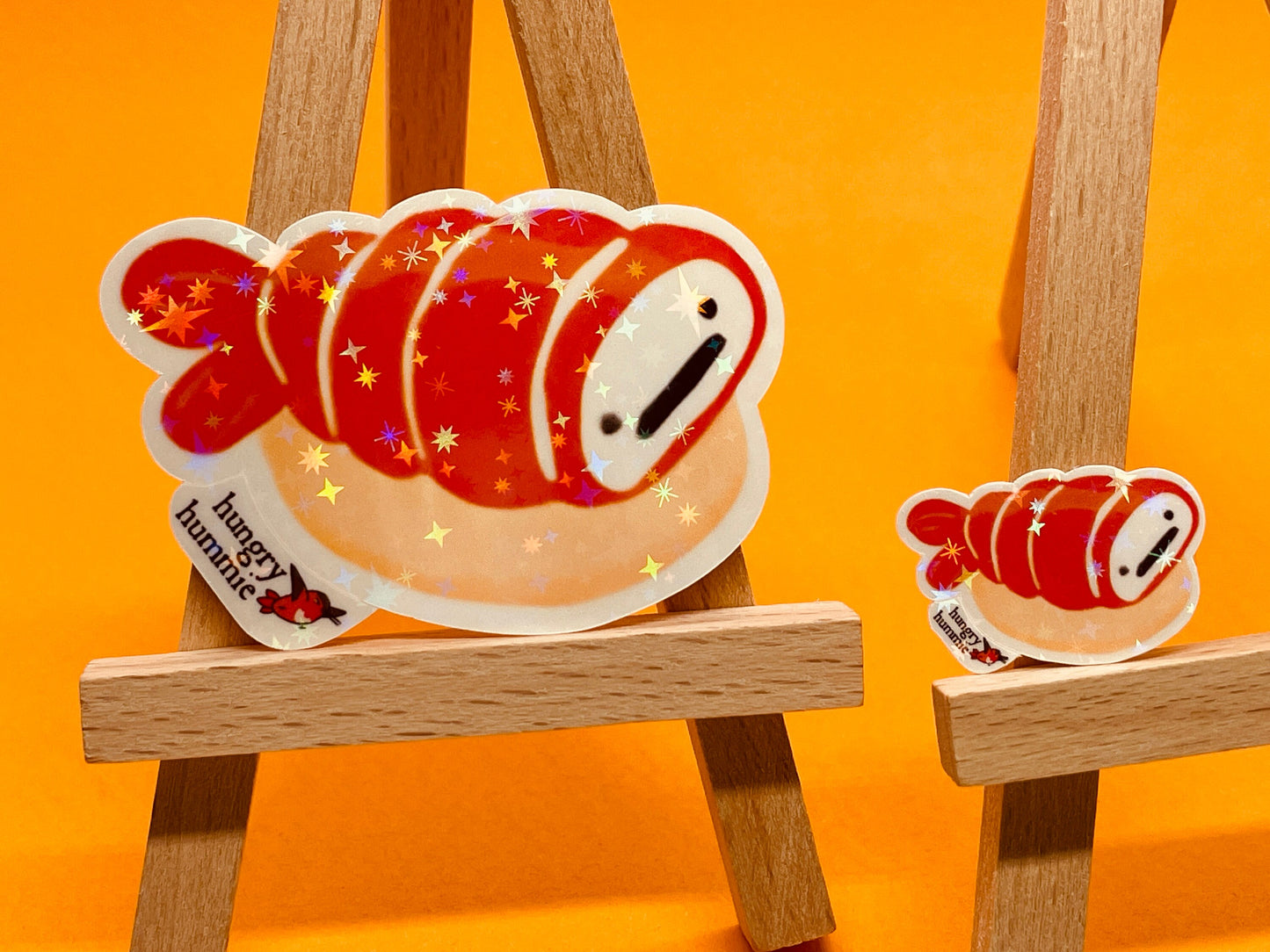 Ebi GRUMPY Nigiri | Holographic Sushi Sticker Set of 1 Big, 1 Mini Stickers | Holo Stars | Sparkle Cute Kawaii Sadface Food | Prawn Shrimp