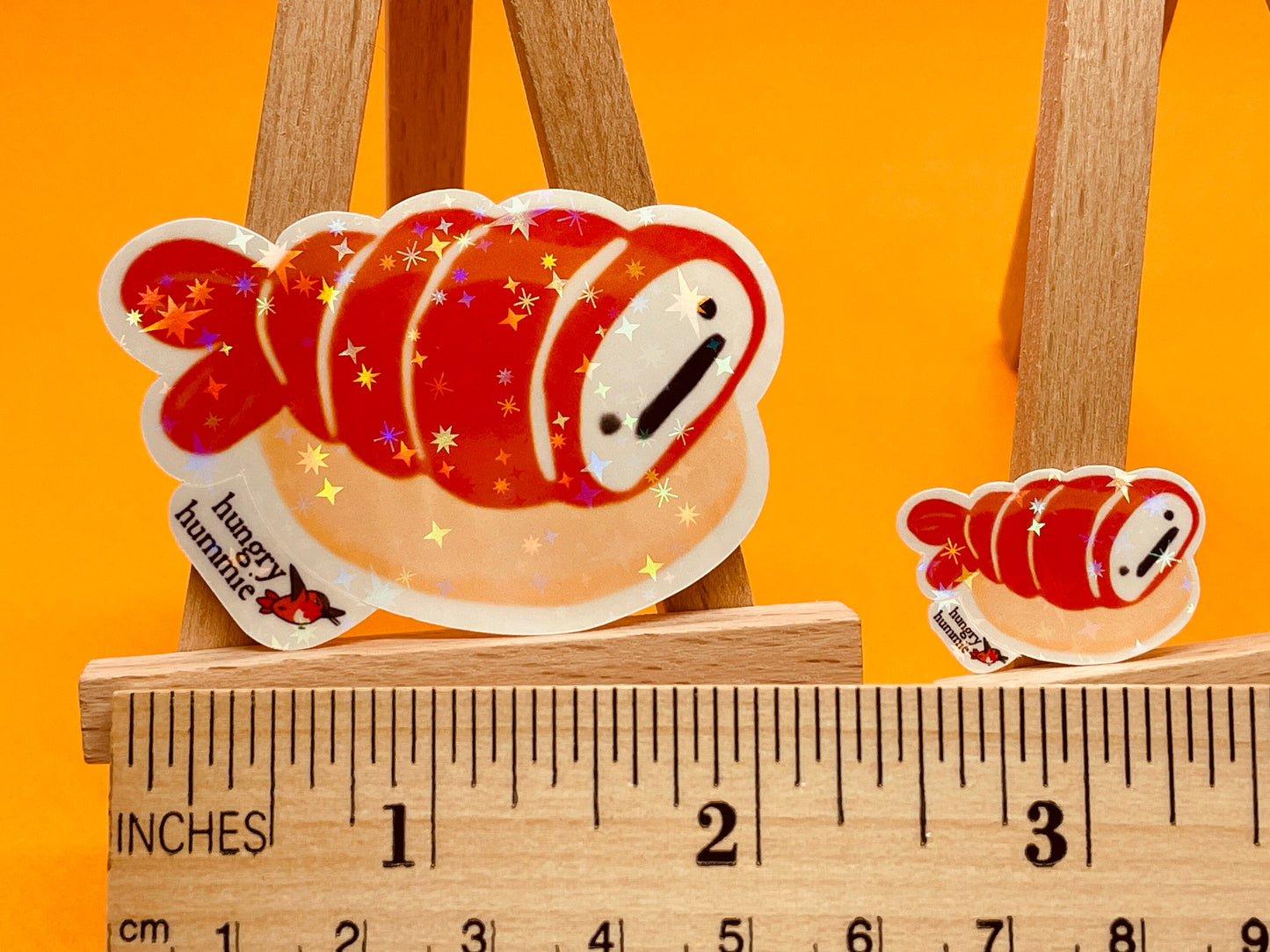 Ebi GRUMPY Nigiri | Holographic Sushi Sticker Set of 1 Big, 1 Mini Stickers | Holo Stars | Sparkle Cute Kawaii Sadface Food | Prawn Shrimp