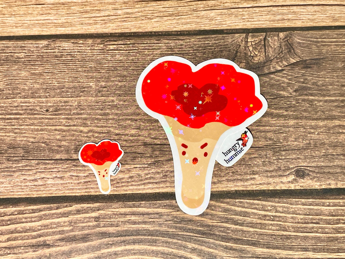 Red Chanterelle Mushroom Sticker | Holographic Set of 1 Big & 1 Mini Stickers | Holo Stars | Mycology Fungi Biologist Gifts Ecology Nature