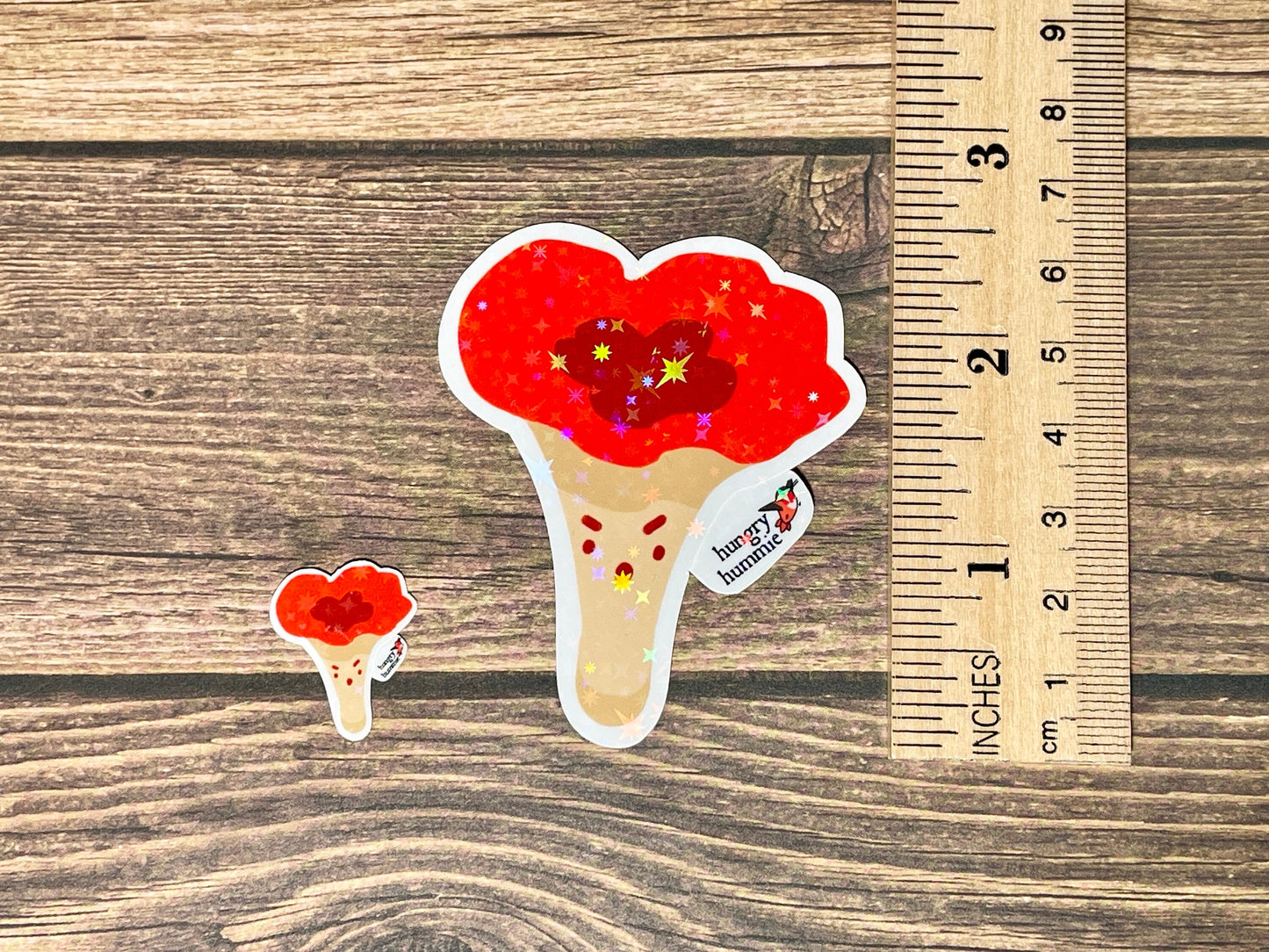 Red Chanterelle Mushroom Sticker | Holographic Set of 1 Big & 1 Mini Stickers | Holo Stars | Mycology Fungi Biologist Gifts Ecology Nature