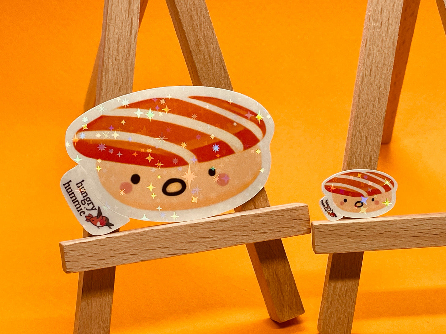 Sake Salmon Nigiri | Holographic Sushi Sticker Set of 1 Big & 1 Mini Stickers | Holo Stars | Sparkle Cute Kawaii Sadface Deco Food
