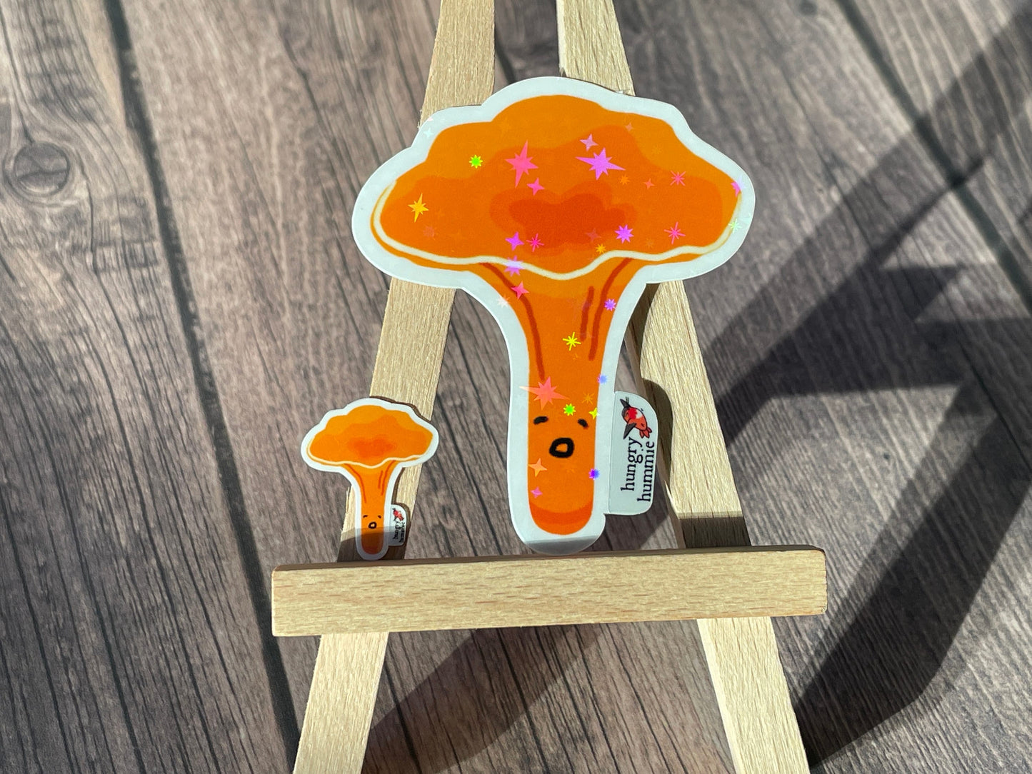 Golden Chanterelle Mushroom Sticker | Holographic Set of 1 Big & 1 Mini Shiny Stickers | Mycology Fungi Biologist Gifts Ecology Nature