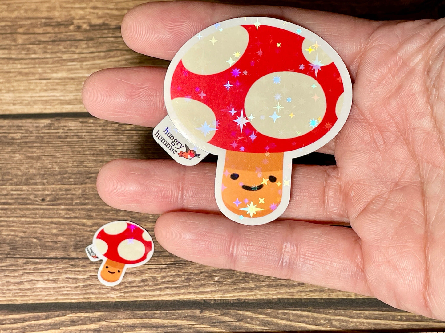 Chonky Toadstool Amanita Mushroom Sticker | Holographic Set of 1 Big & 1 Shiny Mini Stickers | Mycology Fungi Biologist Gifts Ecology Nature