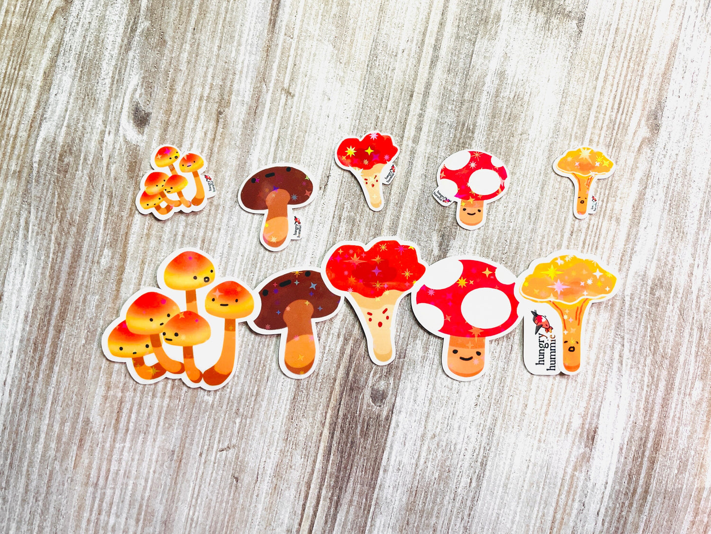Group of Five Mushroom Sticker with 5 Mini Holographic Stickers | Shiny Mycology Related Fungi Gifts for Biologists Ecology Nature Science
