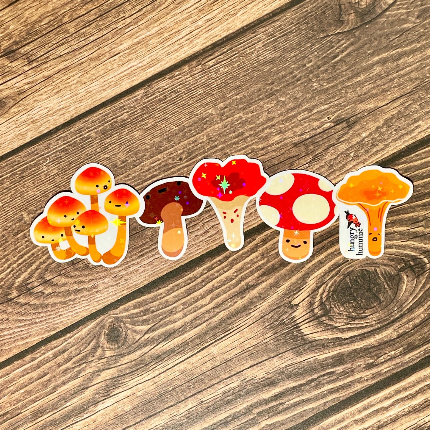Group of Five Mushroom Sticker with 5 Mini Holographic Stickers | Shiny Mycology Related Fungi Gifts for Biologists Ecology Nature Science