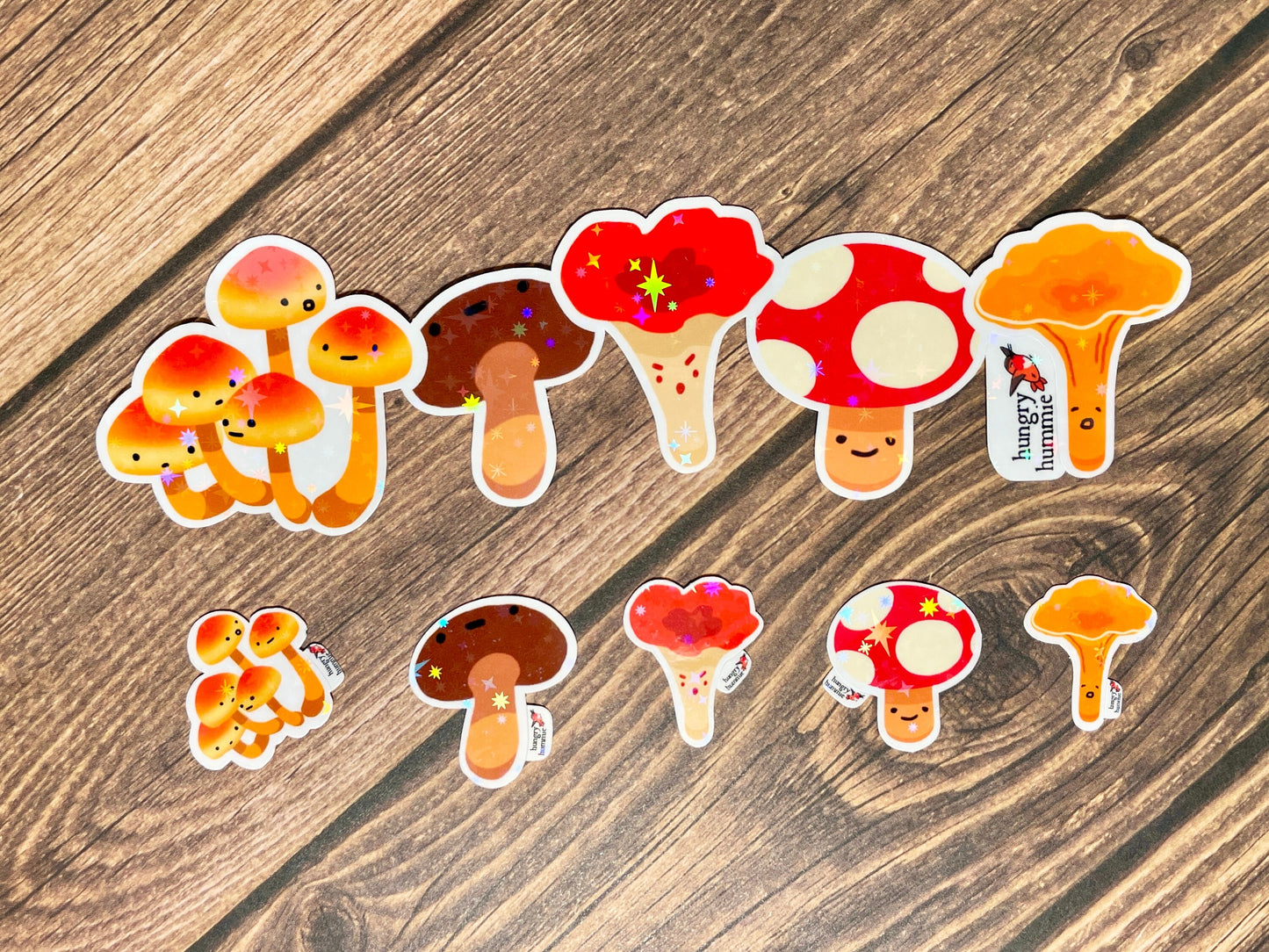 Group of Five Mushroom Sticker with 5 Mini Holographic Stickers | Shiny Mycology Related Fungi Gifts for Biologists Ecology Nature Science