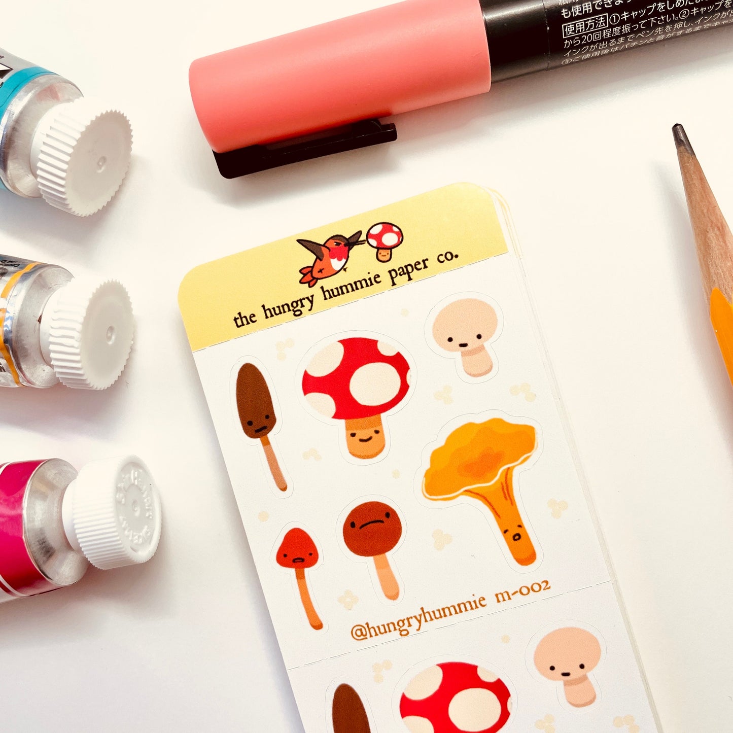 m-002 Mini Mushroom Sticker Sheet | Cute Fungi gifts for naturalists and biologists! Planner sticker seals for notebooks and student folders