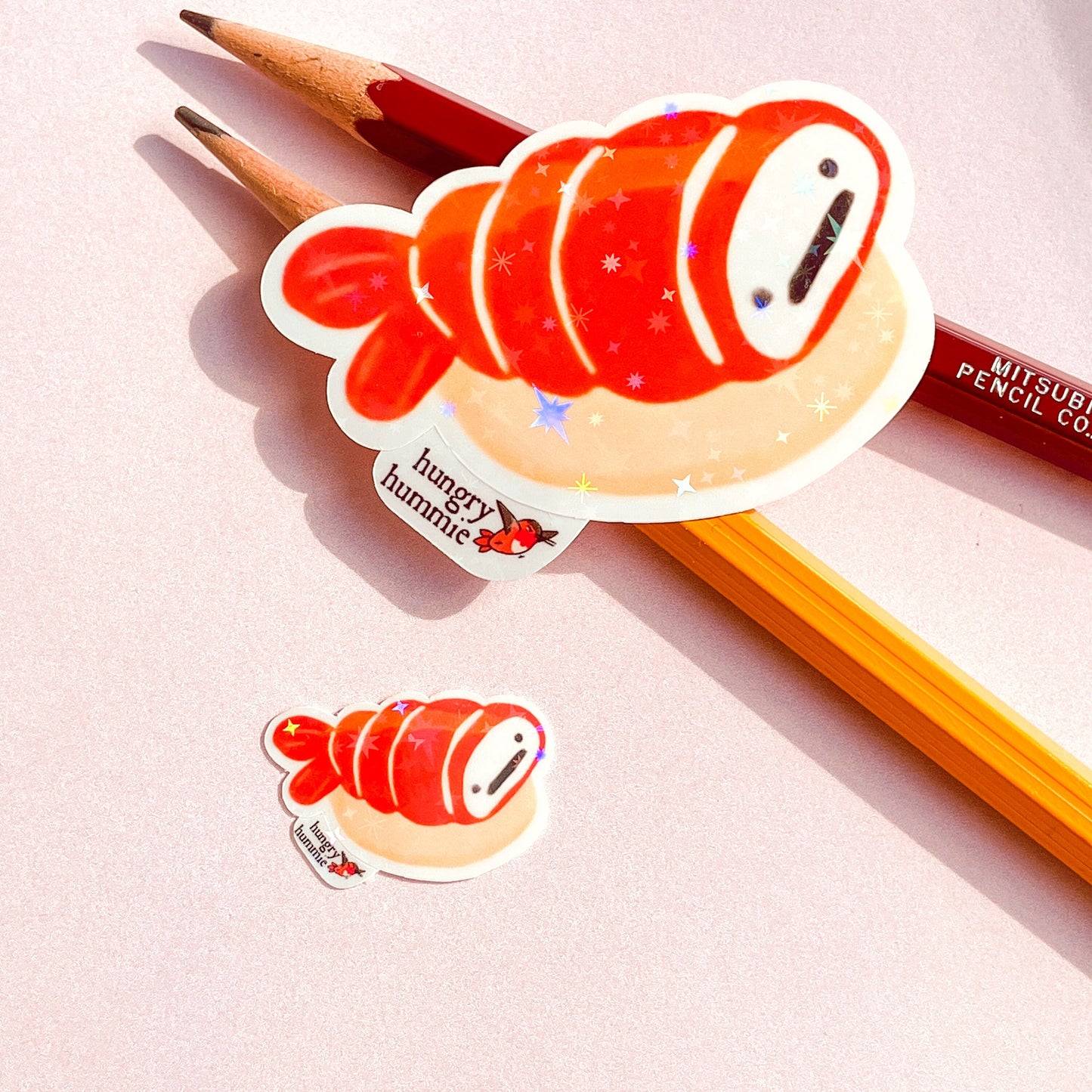 Ebi GRUMPY Nigiri | Holographic Sushi Sticker Set of 1 Big, 1 Mini Stickers | Holo Stars | Sparkle Cute Kawaii Sadface Food | Prawn Shrimp