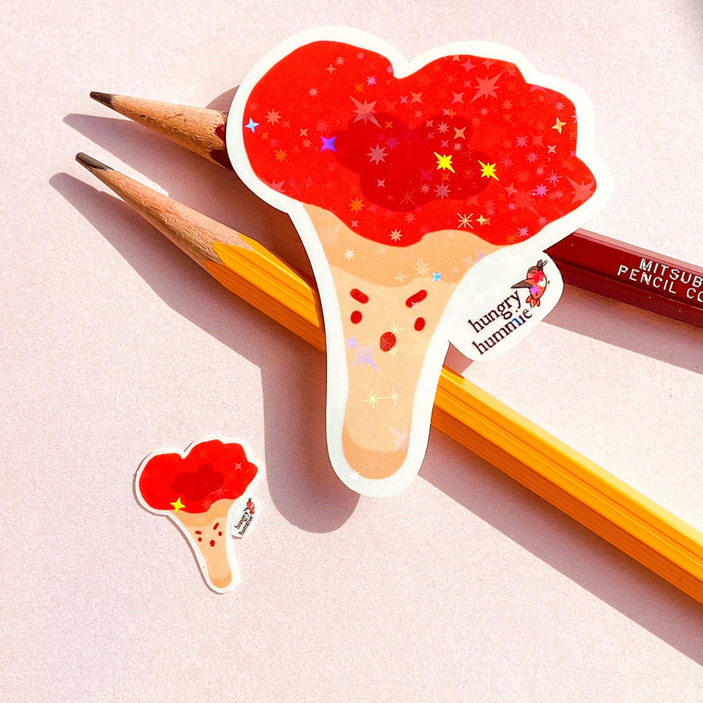 Red Chanterelle Mushroom Sticker | Holographic Set of 1 Big & 1 Mini Stickers | Holo Stars | Mycology Fungi Biologist Gifts Ecology Nature