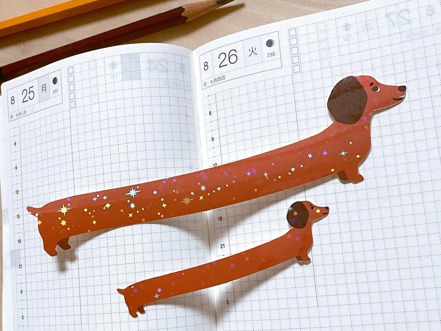 Daschund Sticker | Holographic Ridiculously Long Wiener Dog : 1 Big and 1 Mini Sticker! Silly, hilarious sausage puppy doggie stationery