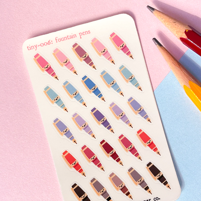 006 Fountain Pens | Mini Planner Sticker Sheet | Tiny Colourful Rainbow Icon Credit Card Sized Bullet Journal Tracker Micro Miniature Seals