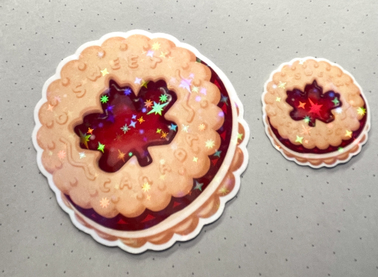 Canadian Cookie Jam Ring Sticker Set 'O Sweet Canada' Thumbprint Biscuit | One large and one mini holographic sticker. Made in Canada
