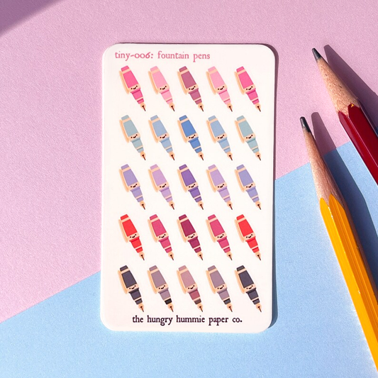 006 Fountain Pens | Mini Planner Sticker Sheet | Tiny Colourful Rainbow Icon Credit Card Sized Bullet Journal Tracker Micro Miniature Seals