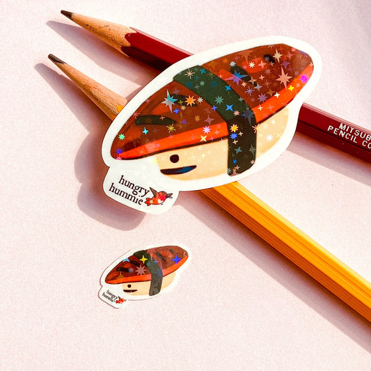 Unagi Nigiri | Holographic Sushi Sticker Set of 1 Big, 1 Mini Stickers | Holo Stars | Sparkle Cute Kawaii Sadface Food | Eel