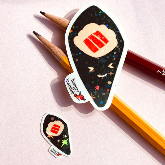 Happy Salmon Temaki Hand Roll | Holographic Sushi Sticker Set of 1 Big, 1 Mini Stickers | Holo Stars | Sparkle Cute Kawaii Food | Sake