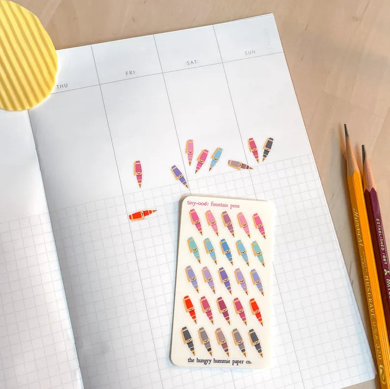 006 Fountain Pens | Mini Planner Sticker Sheet | Tiny Colourful Rainbow Icon Credit Card Sized Bullet Journal Tracker Micro Miniature Seals