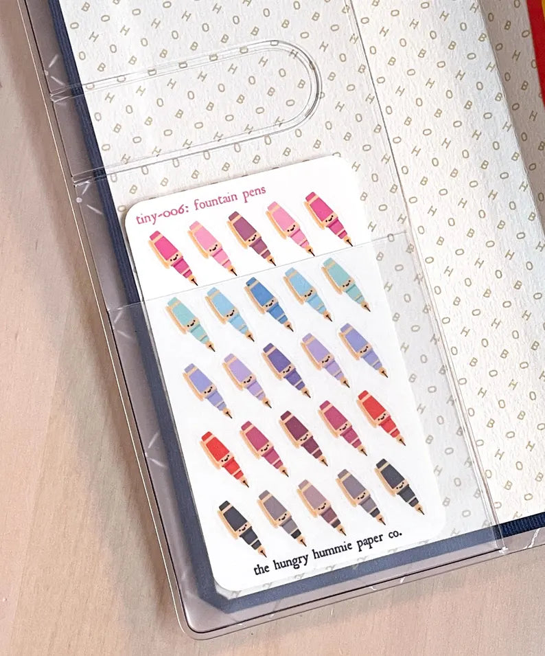 006 Fountain Pens | Mini Planner Sticker Sheet | Tiny Colourful Rainbow Icon Credit Card Sized Bullet Journal Tracker Micro Miniature Seals