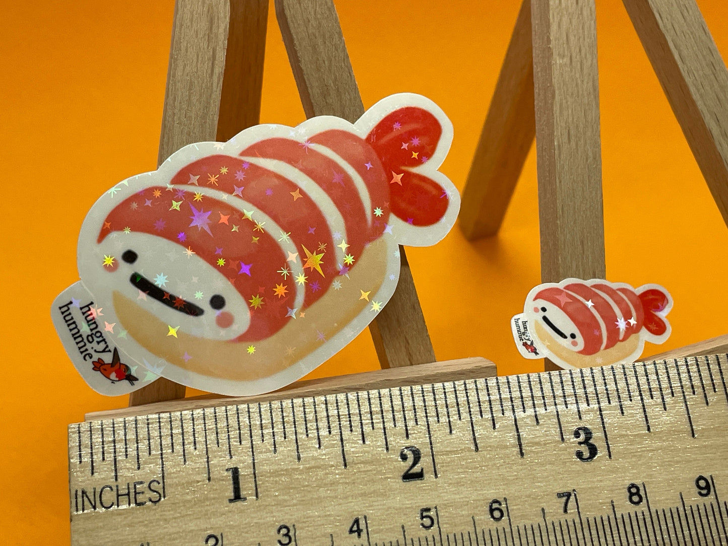 Ebi Blushing Nigiri | Holographic Sushi Sticker Set of 1 Big, 1 Mini Stickers | Holo Stars | Sparkle Cute Kawaii Sadface Food | Prawn Shrimp