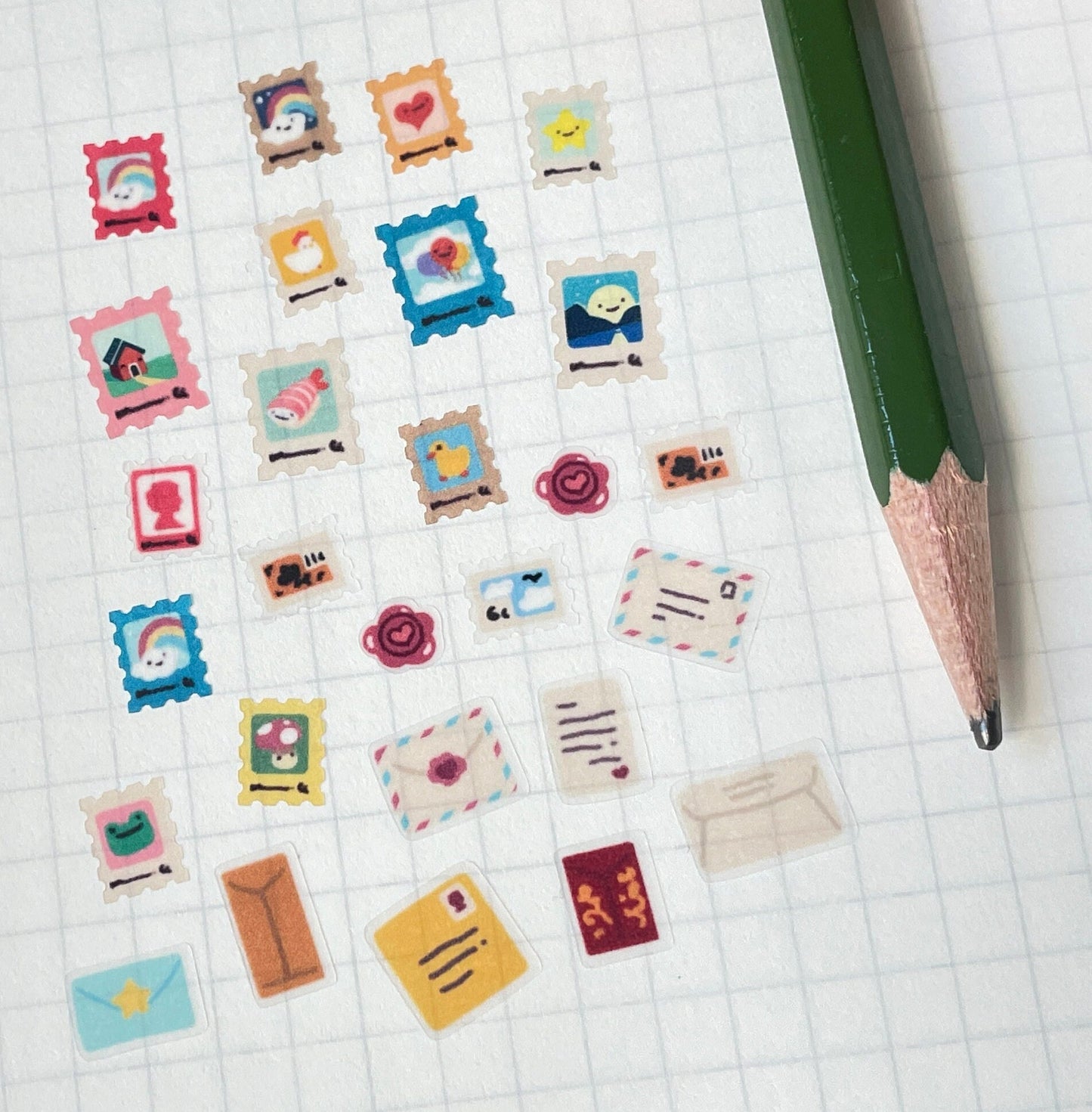008 Mini Mail | Happy Post Planner Sticker Sheet Tiny Postage Stamp Stickers | Envelope Seals | Miniature Stamps BuJo Bullet Journal Tracker
