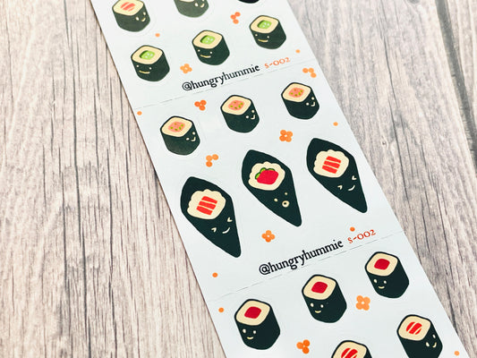 s-002 Mini Sushi Rolls and Handrolls Sticker Sheet s002 | Maki Temaki Foodie Planner Stickers | Japanese Food Hosomaki Perforated Journal  Seals