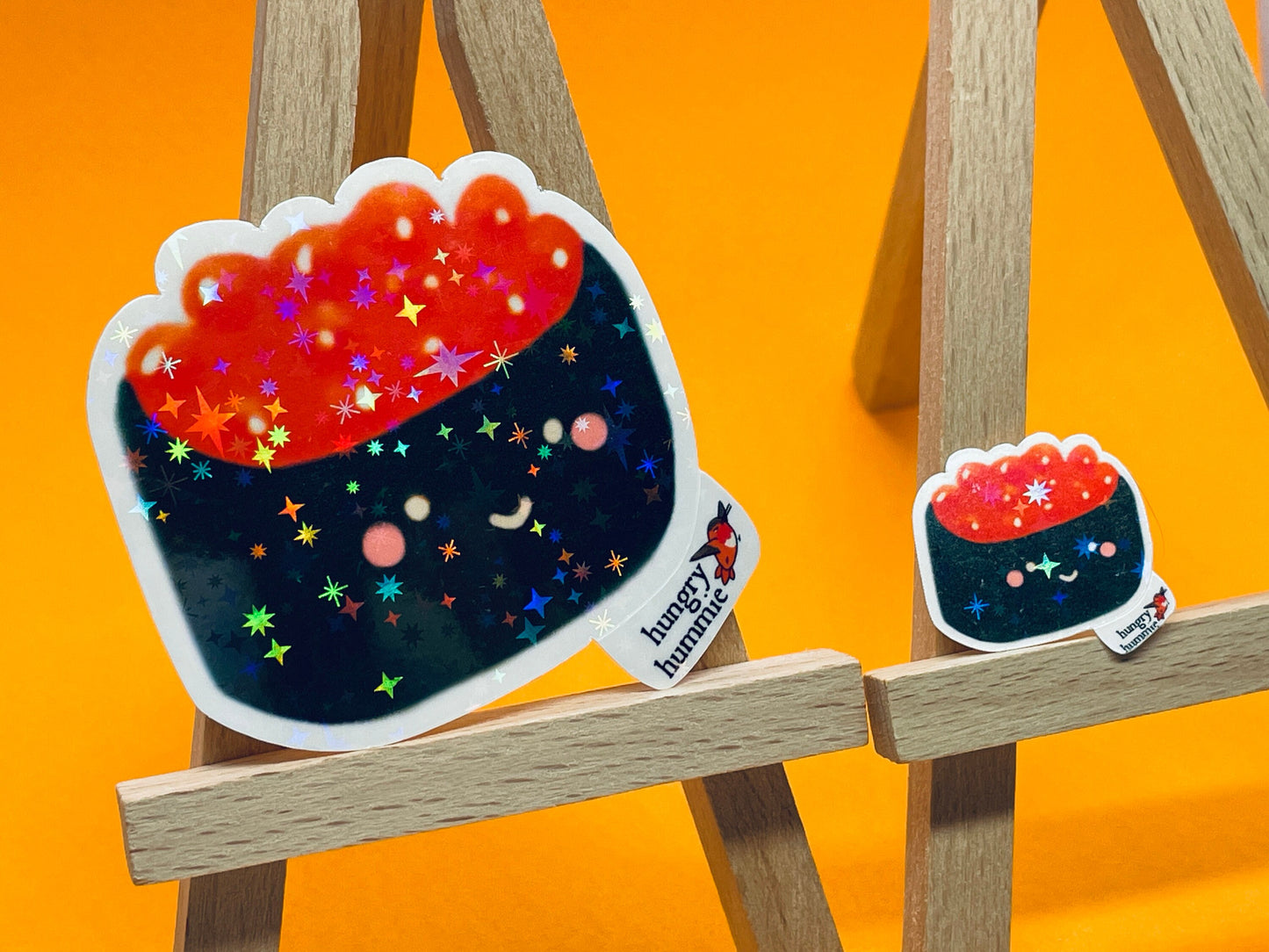 Ikura Salmon Roe Nigiri | Holographic Sushi Sticker Set of 1 Big & 1 Mini Stickers | Holo Stars | Sparkle Cute Kawaii Sadface Deco Food