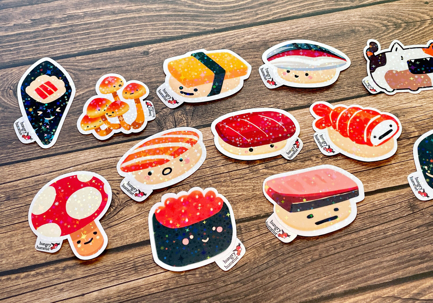 Ikura Salmon Roe Nigiri | Holographic Sushi Sticker Set of 1 Big & 1 Mini Stickers | Holo Stars | Sparkle Cute Kawaii Sadface Deco Food