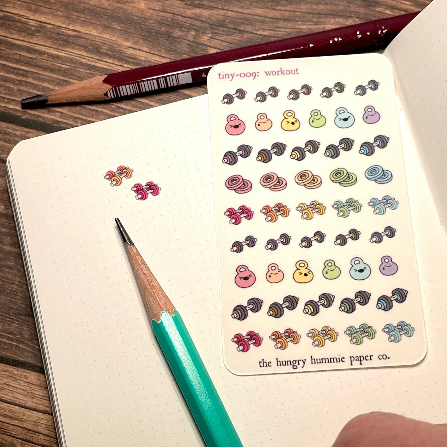 009 Weights Workout Planner Sticker Sheet : tiny kettlebell exercise stickers! Mini barbell dumbbell rainbow icons Bullet Journals, Trackers